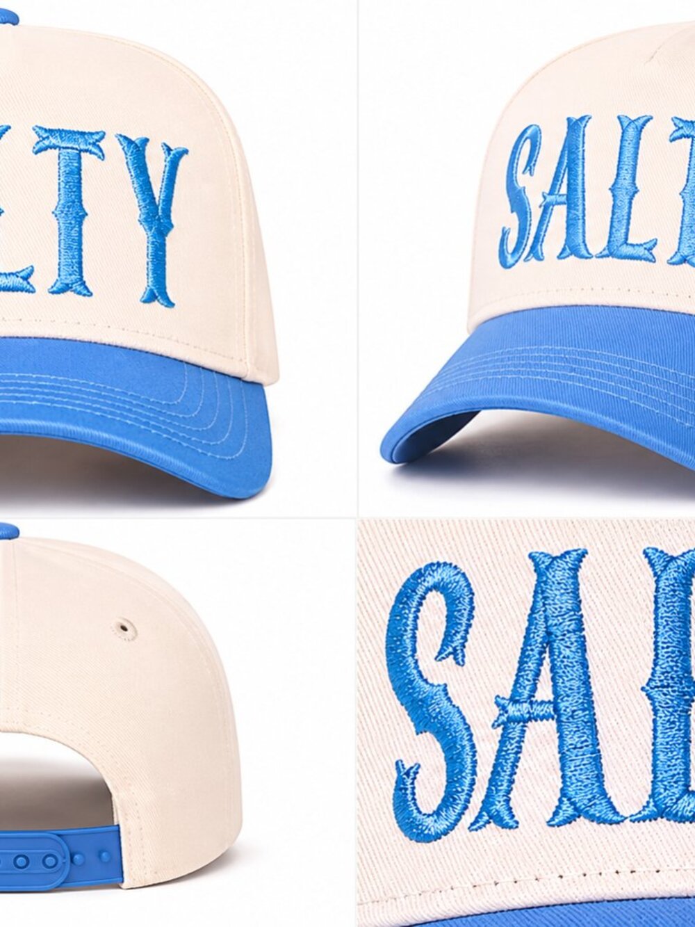 SALTY Embroidered Two-Tone Cap in Light Blue and White— boutique hat